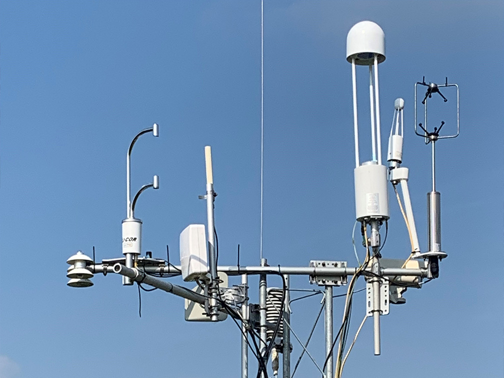 The LI-710 Evapotranspiration Sensor on the eddy covariance tower at the US-PAS AmeriFlux site.